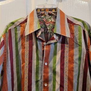 Robert Graham Shirt Large Stripes Striped Fall Winter Orange Red Plaid Print